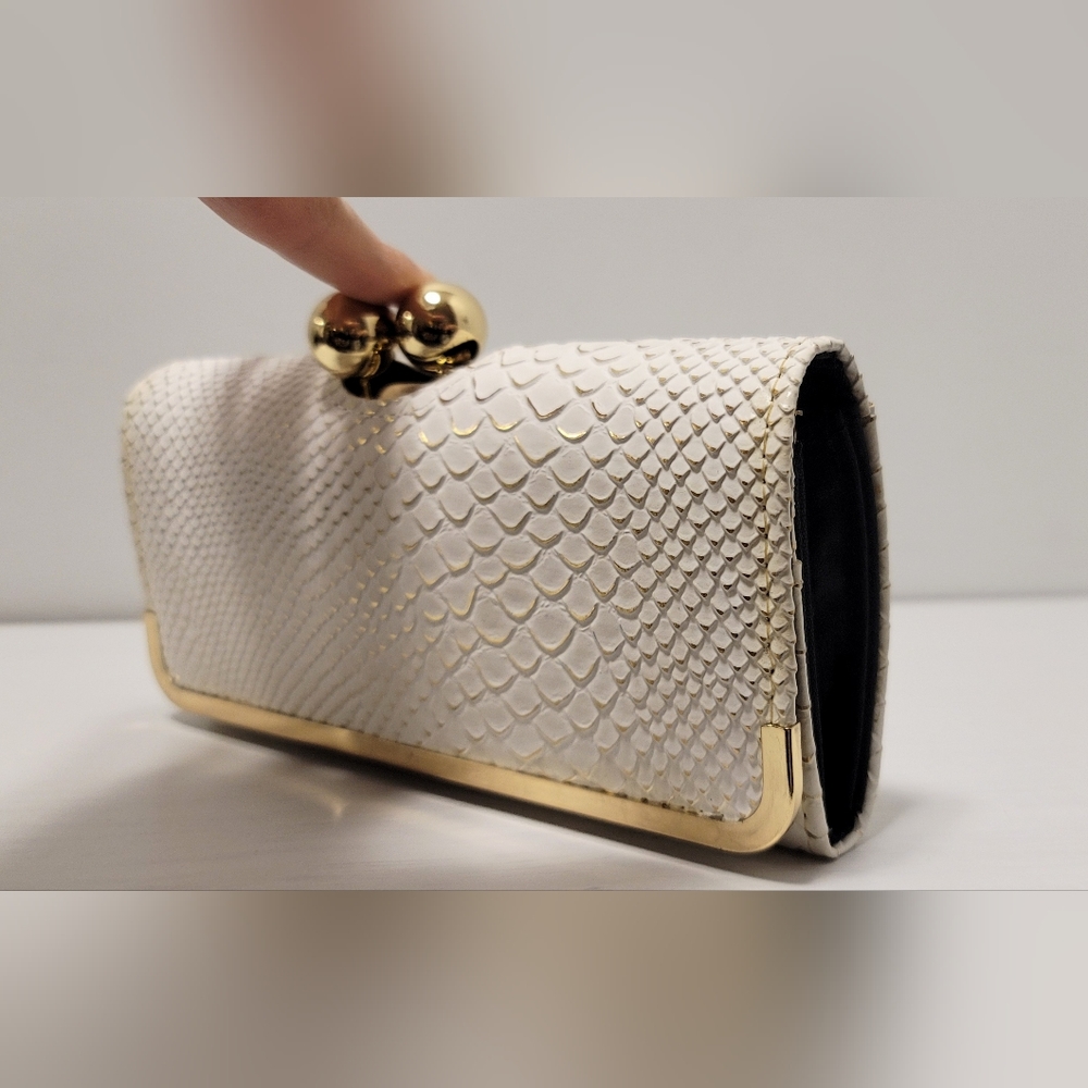 Elegant Ladies Cream Exotic Snake Textured with Gold Color Accents Clutch Wallet